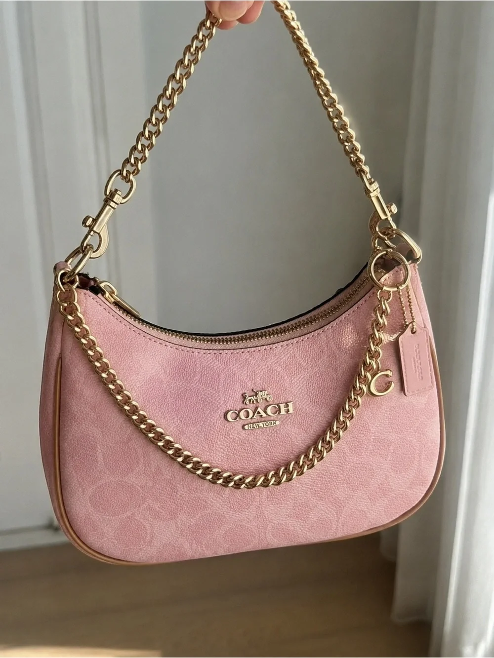 Coach Pink Signature Canvas Crossbody with Gold Chain Trim
